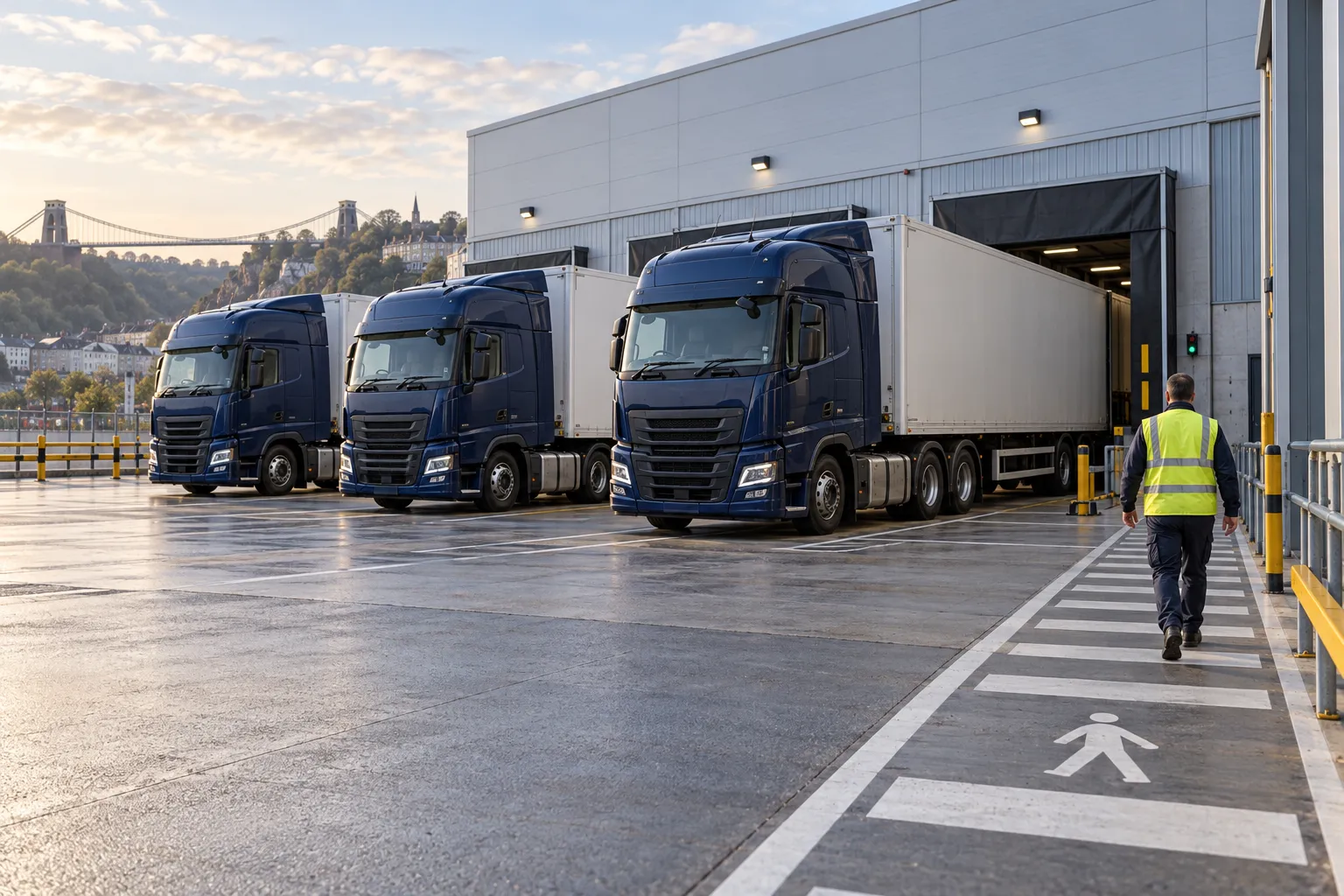 AI-generated scene of navy freight trucks parked at a warehouse depot with a driver in a marked pedestrian lane.