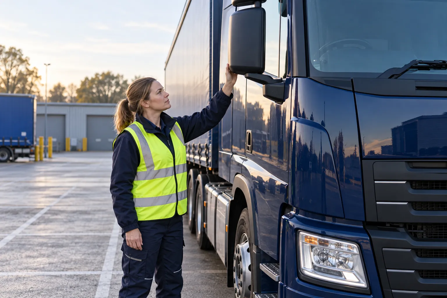 AI-generated portrait of a freight driver checking the side mirror of a parked navy truck.