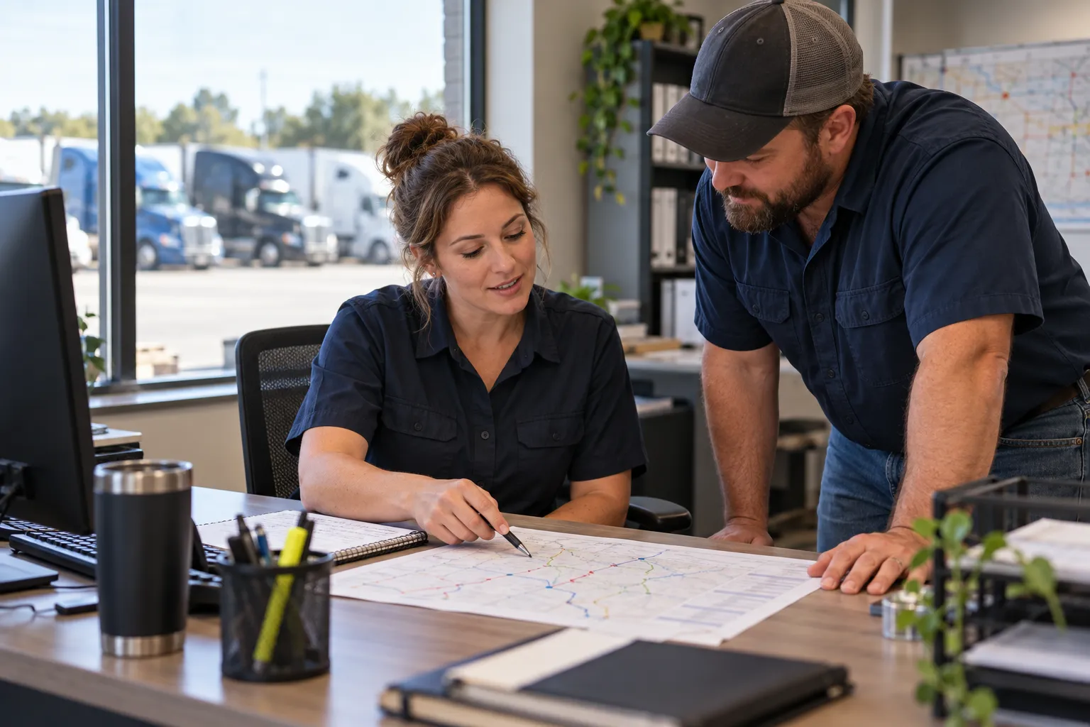 AI-generated scene of two logistics colleagues discussing a route plan at a dispatch desk.