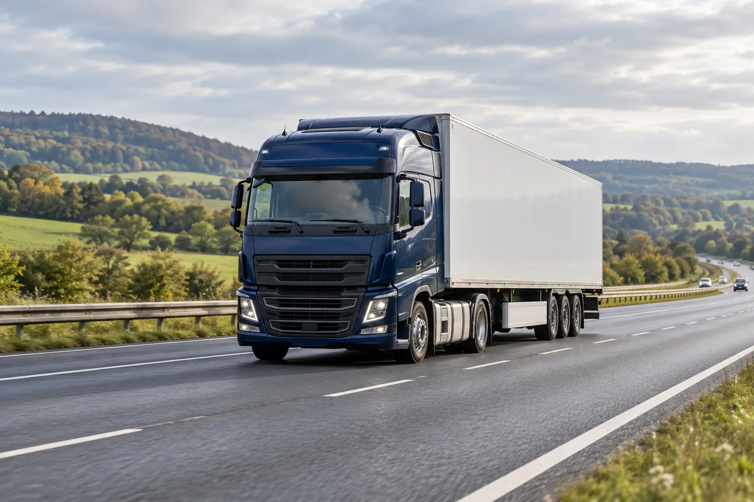 AI-generated illustration of a navy freight truck travelling on a rural road.