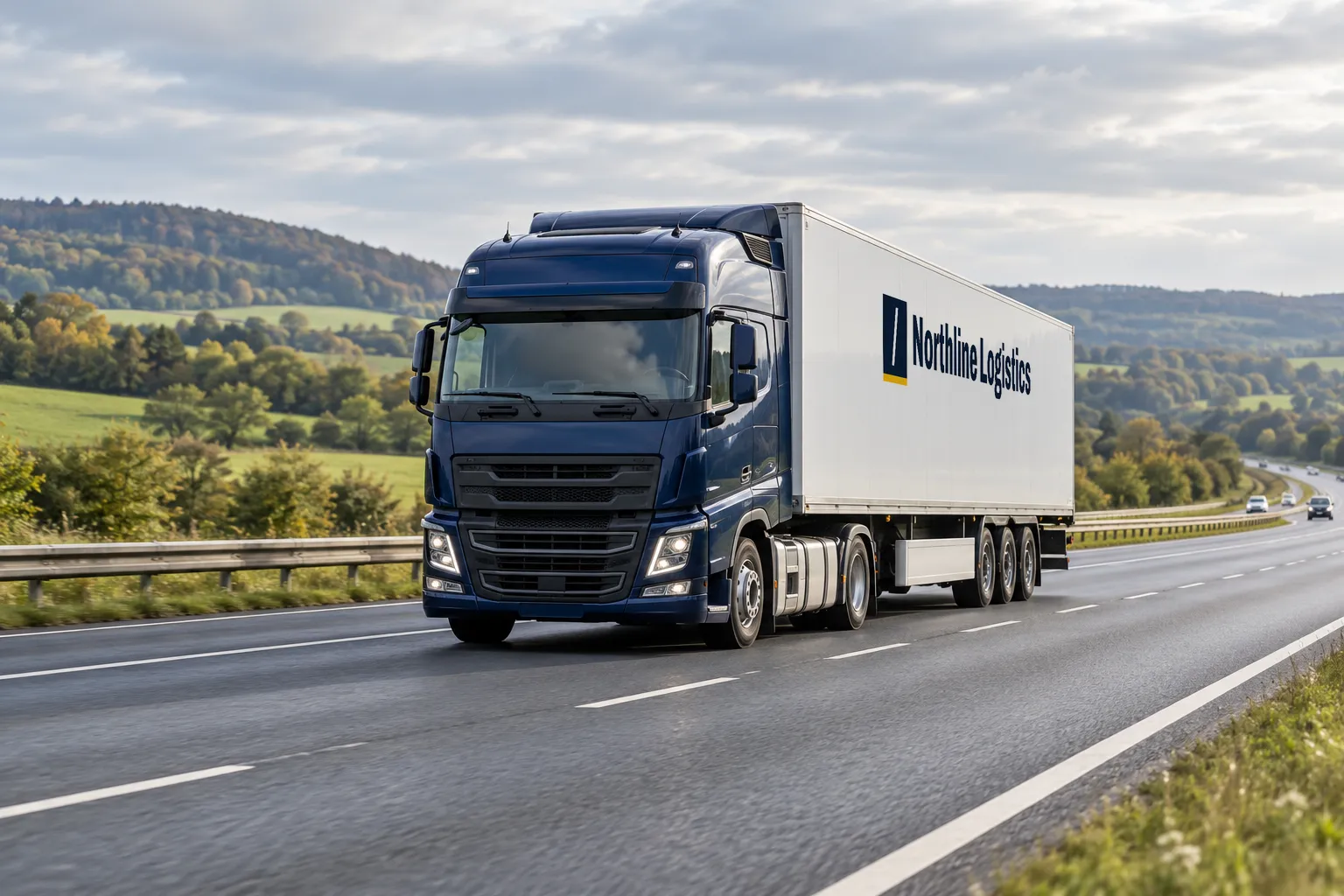 AI-generated illustration of a navy freight truck travelling through the countryside.