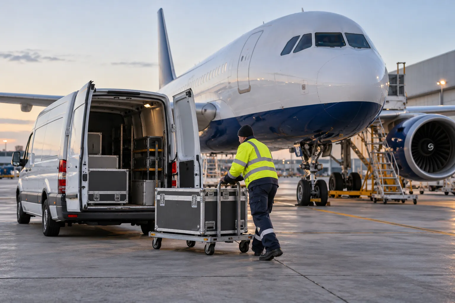 AI-generated airport scene with an aircraft spare-parts case and courier van.