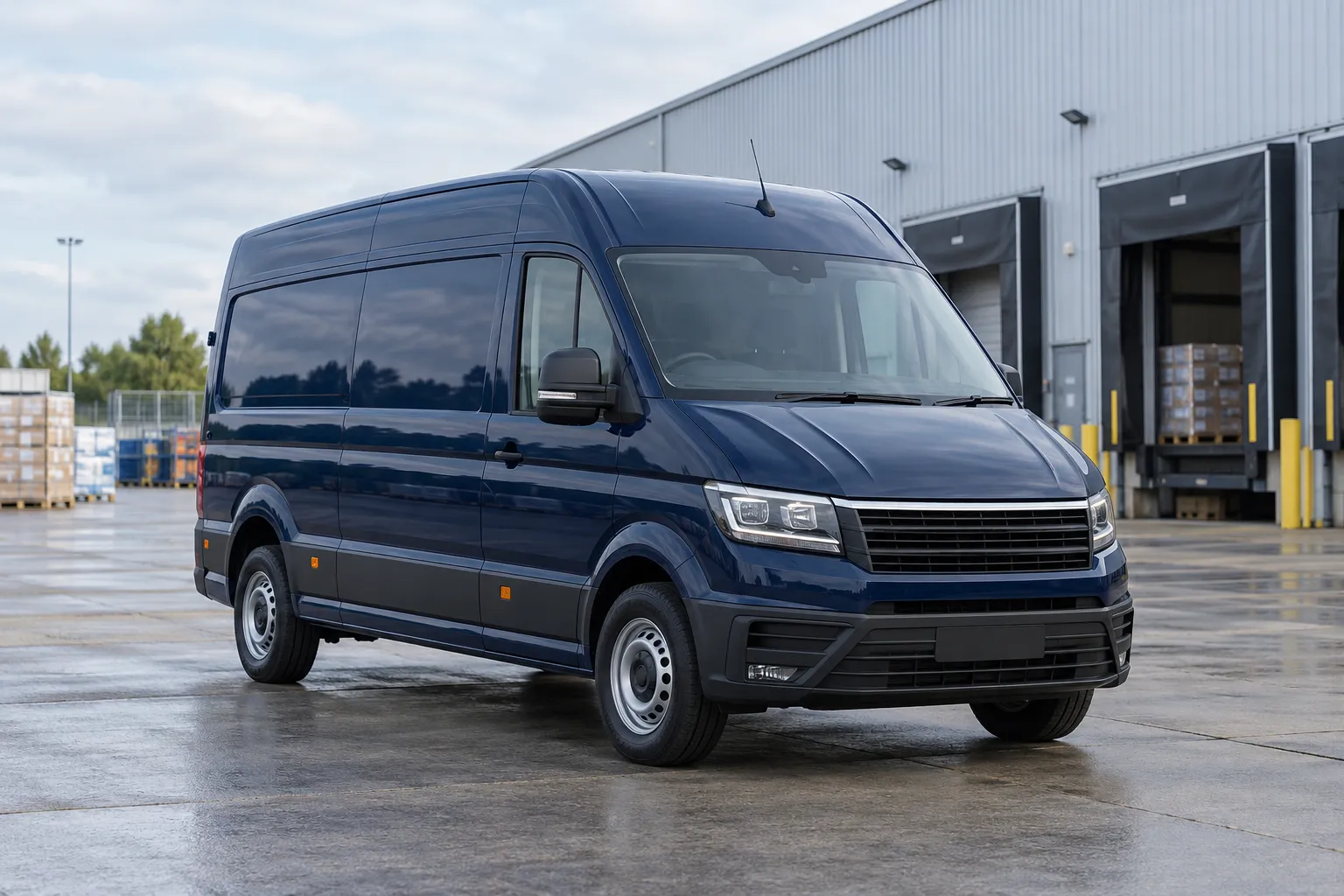 AI-generated navy panel van parked at a freight depot.