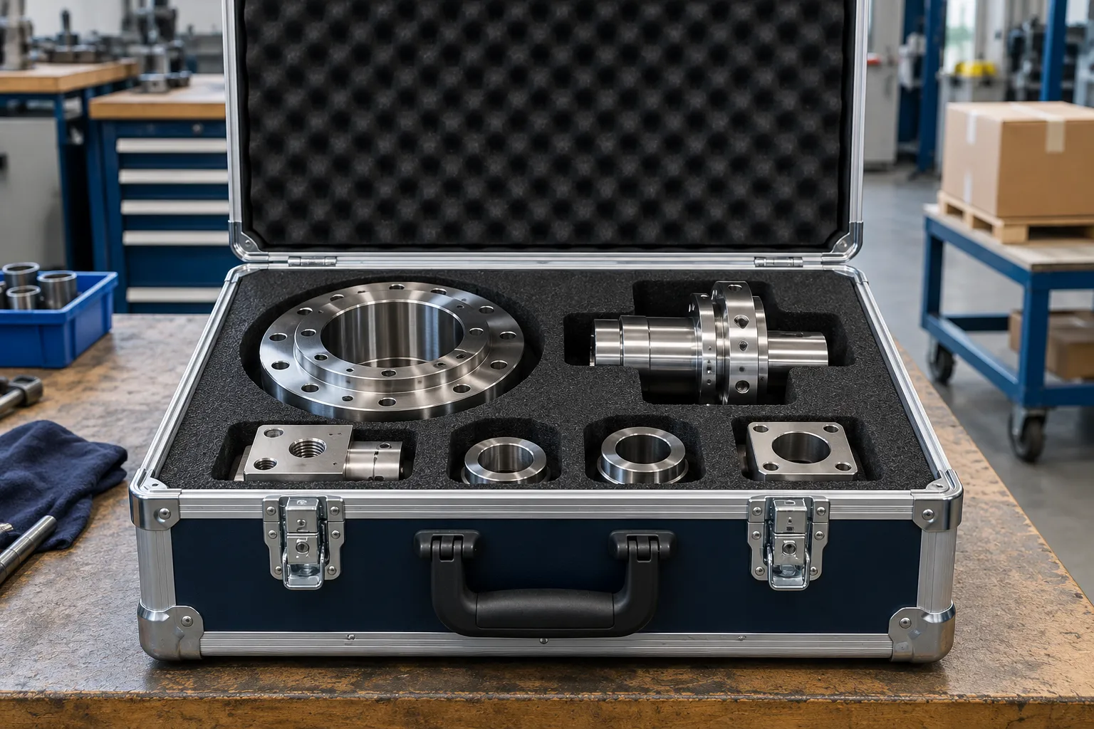 AI-generated machined metal components protected in a transport case.