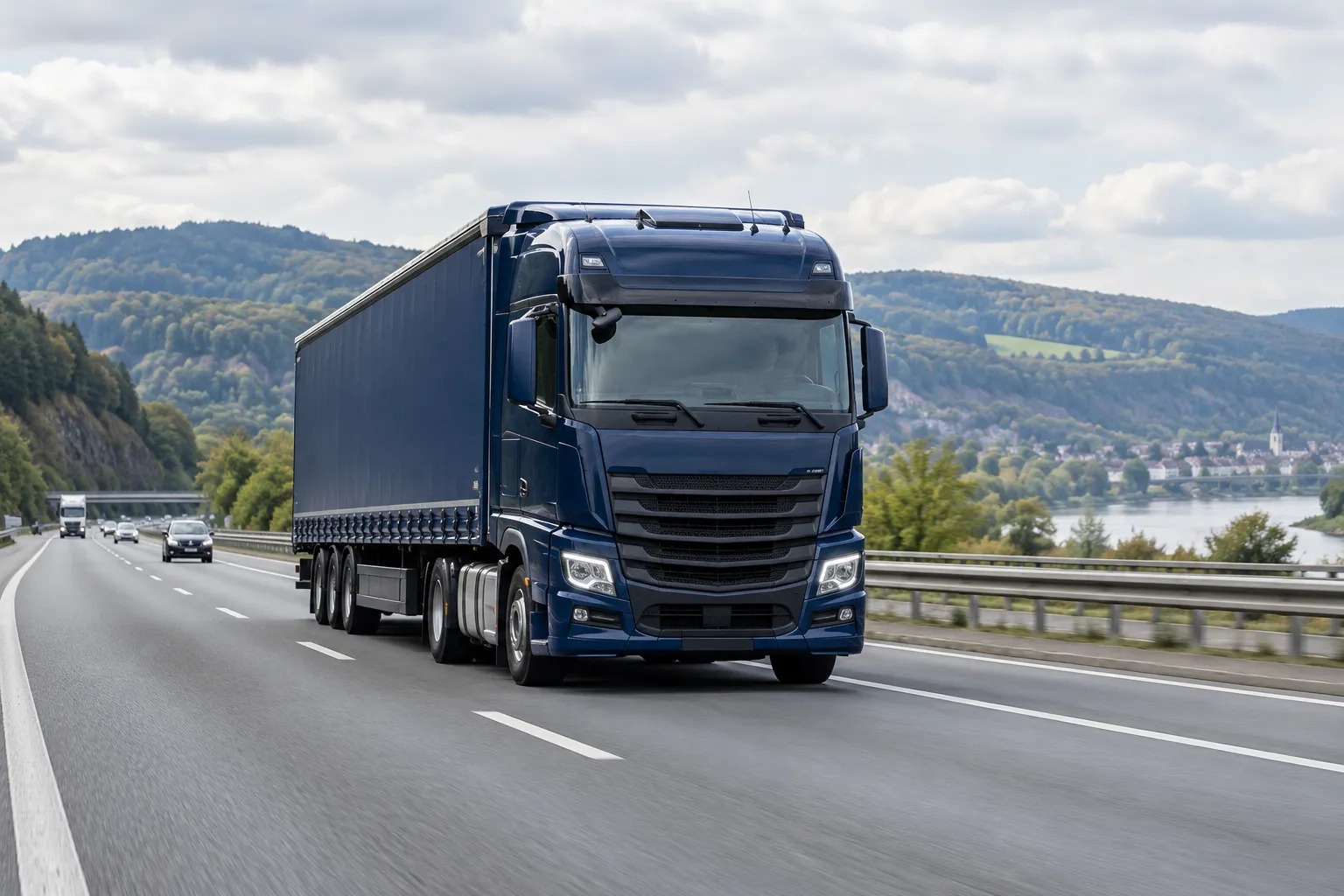 AI-generated navy freight truck on a European motorway beside wooded hills.