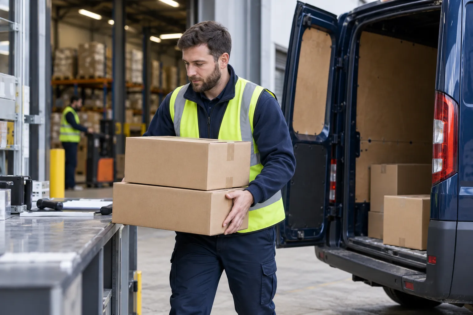 AI-generated courier collecting cartons from a warehouse dispatch area.