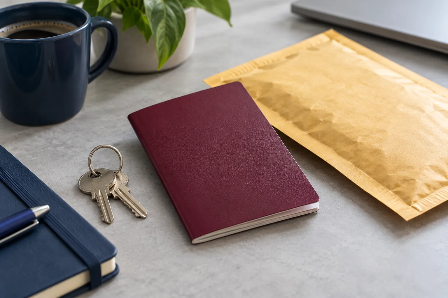 AI-generated still life of keys, a plain passport cover and a courier envelope.
