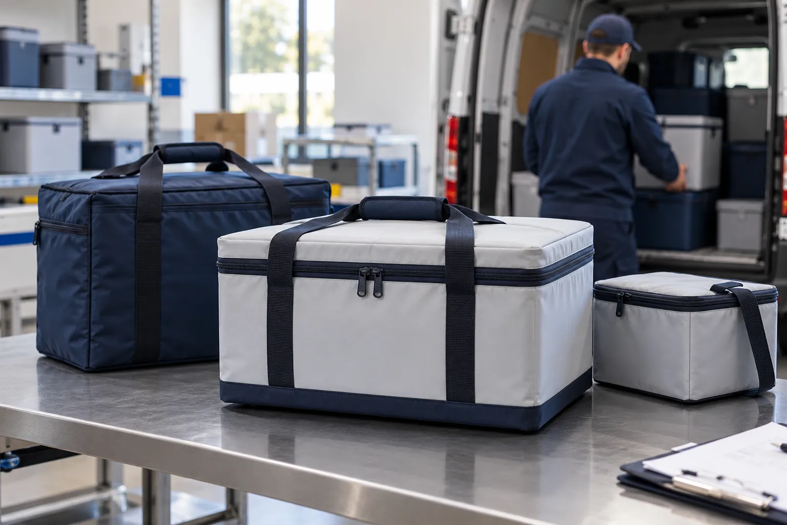 AI-generated insulated medical transport containers on a dispatch bench.