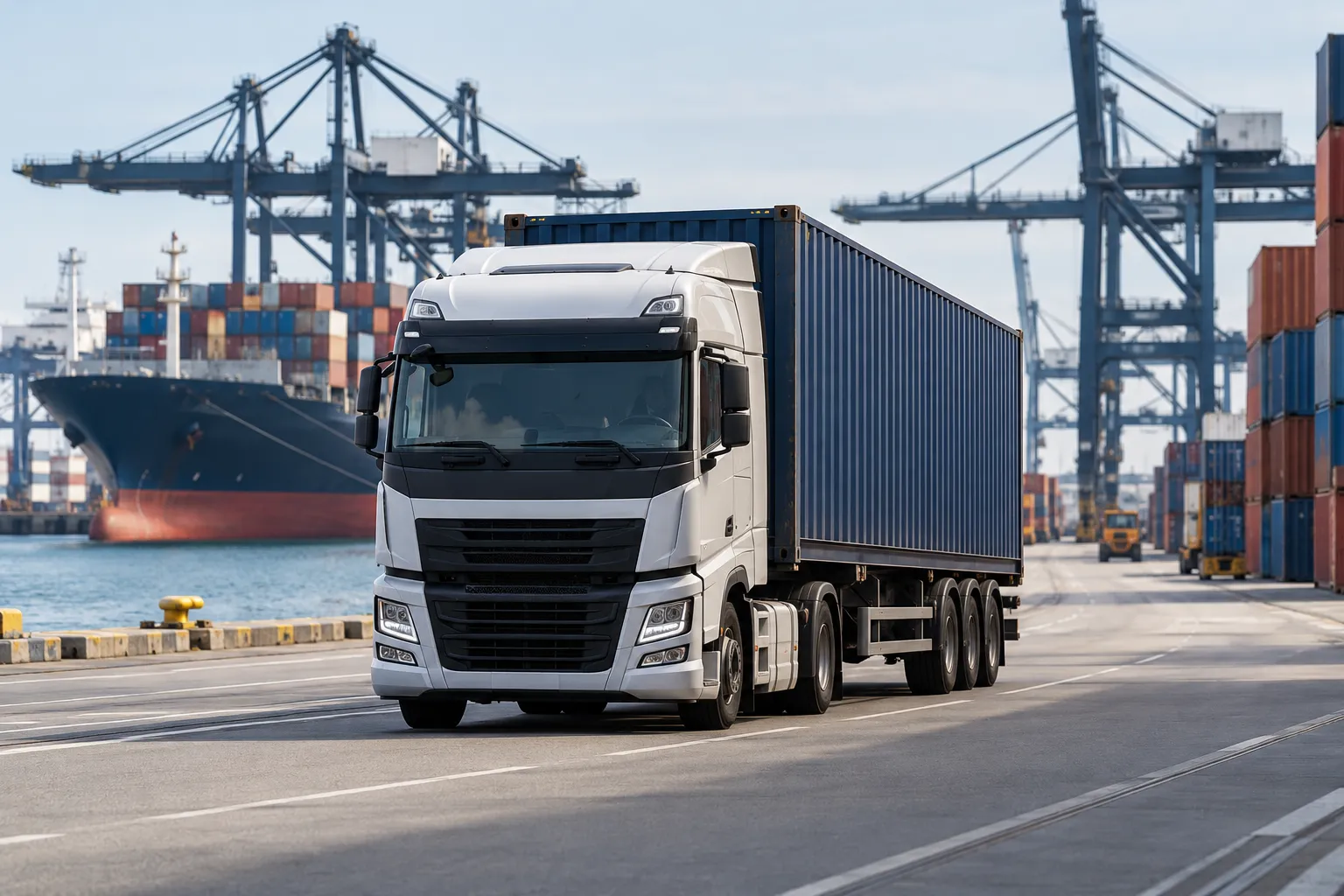 AI-generated freight truck at a shipping container terminal.