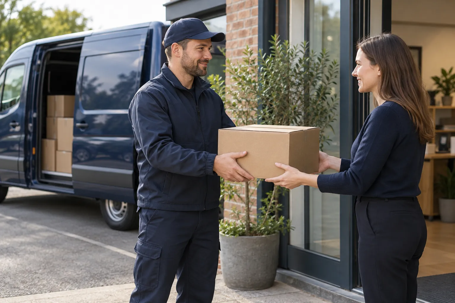 AI-generated courier handing a parcel to a business recipient beside a navy van.