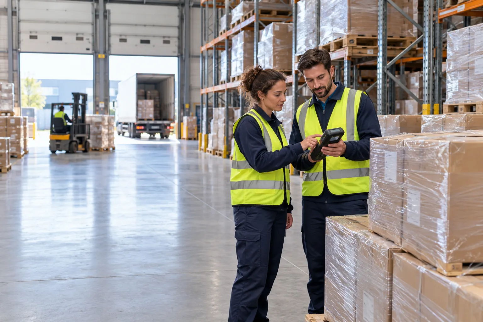 AI-generated warehouse scene with two colleagues checking a handheld scanner beside palletised goods.